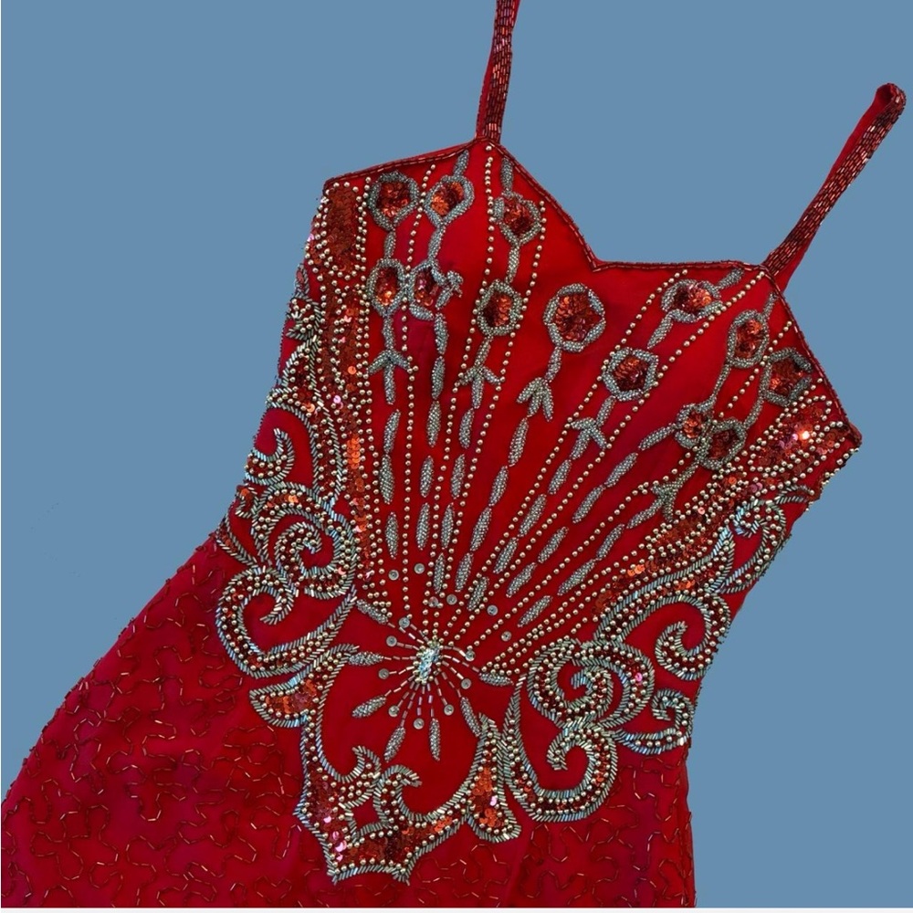 Red and Silver Embellished Prom Gown with Spaghetti Straps
